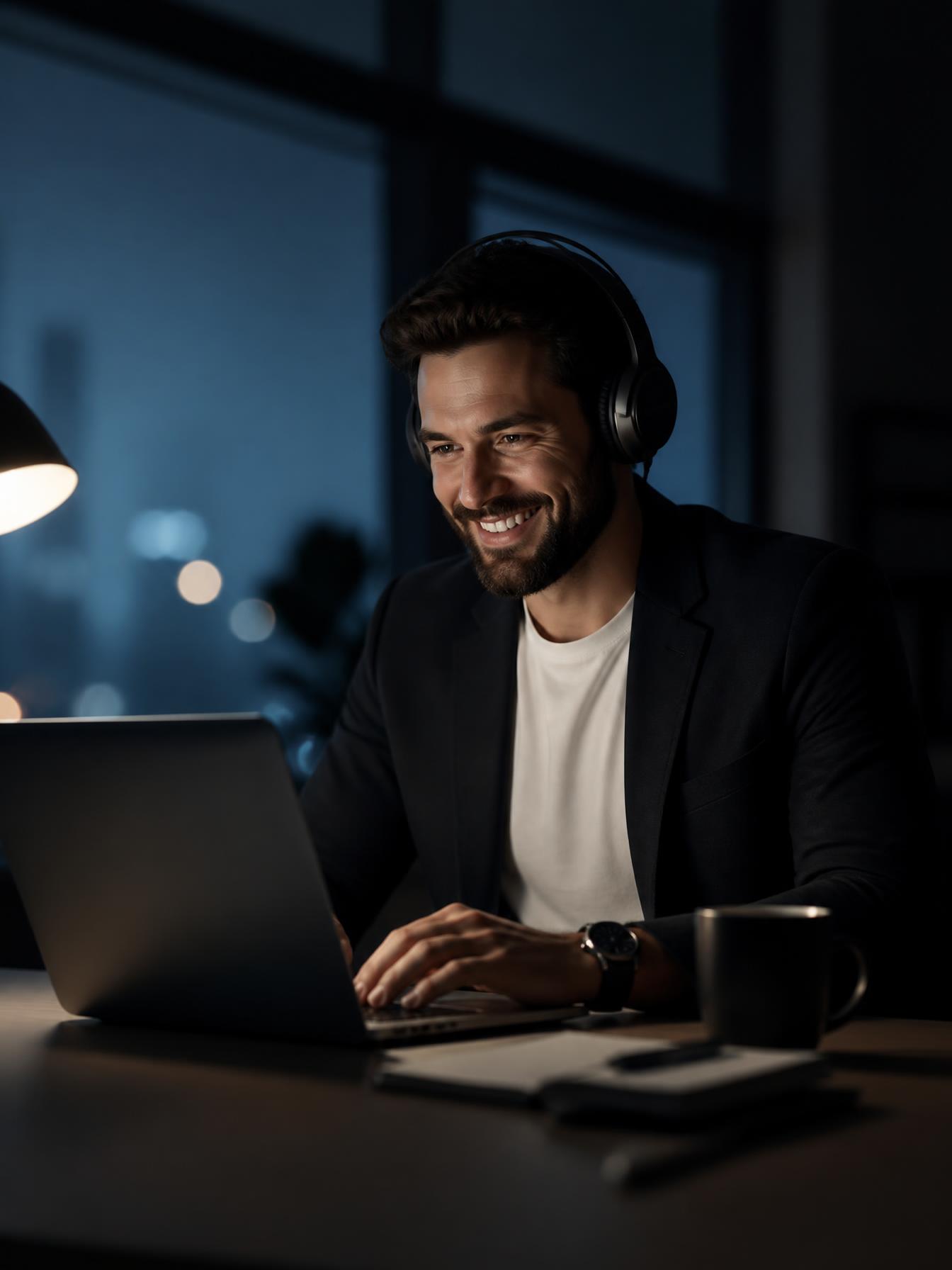 Founder working late with headphones and laptop