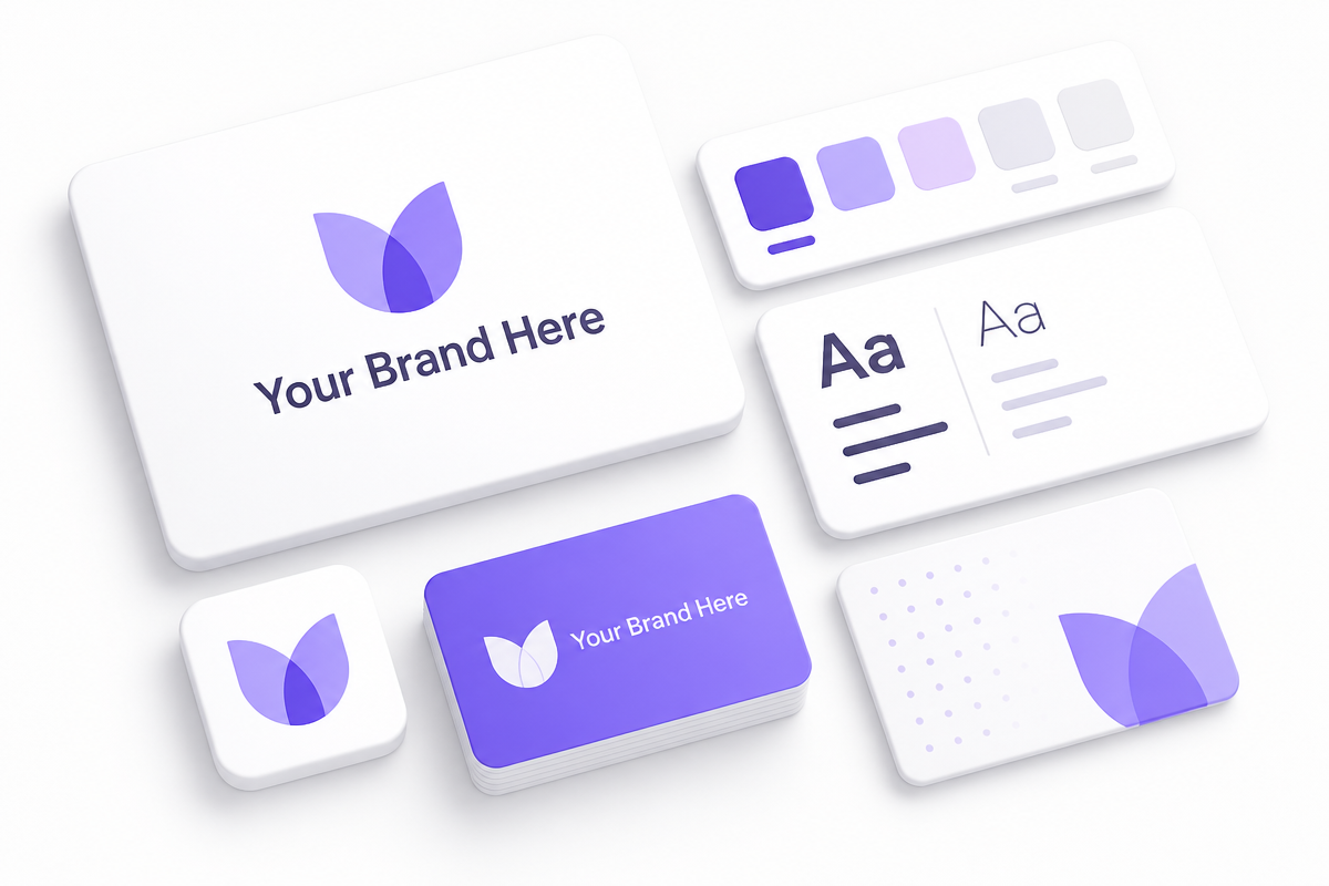 Brand identity kit with logo, colour palette, typography and business cards